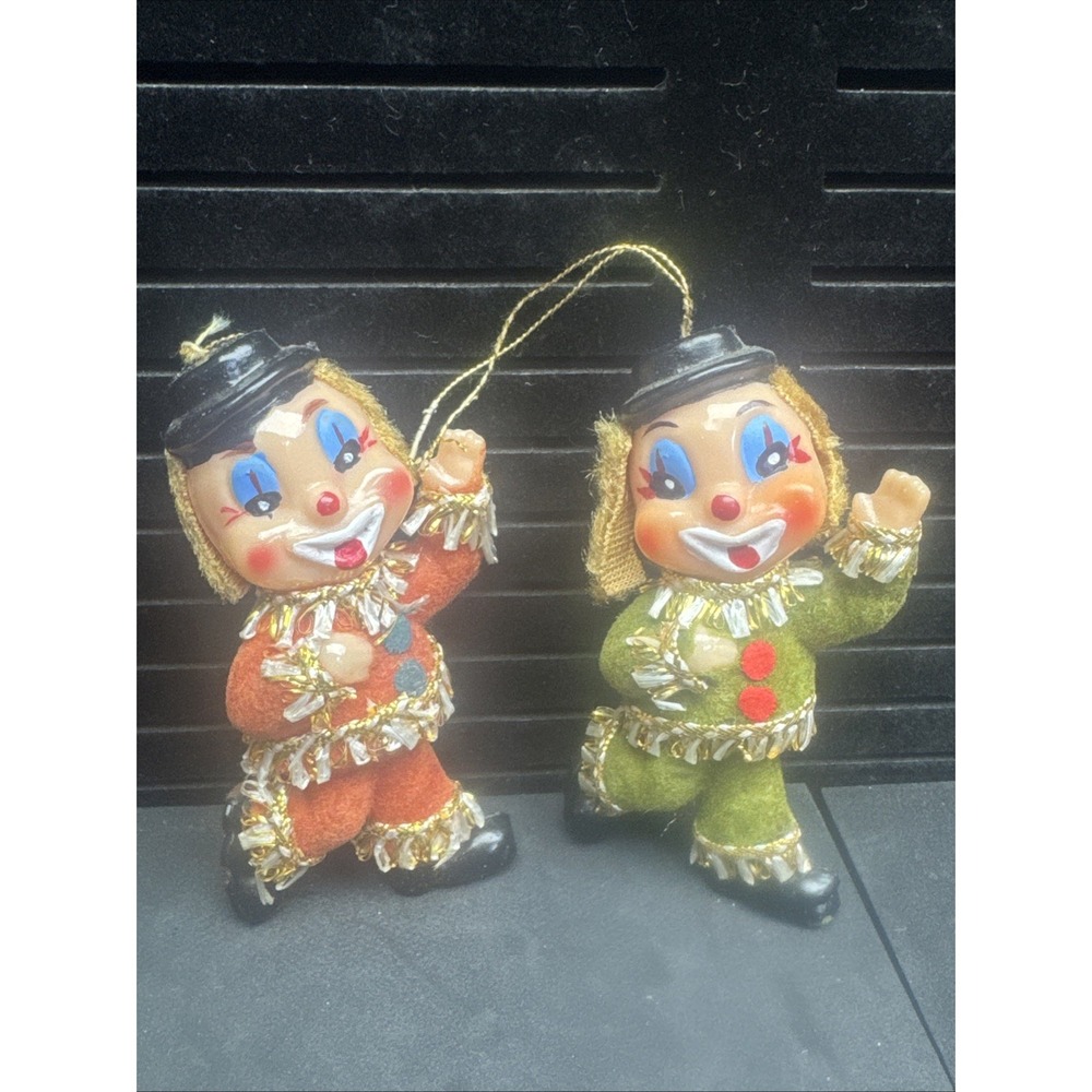 Vintage Flocked Clown Christmas Ornament Gold Foil‎ Ribbon Kitschy Retro MCM